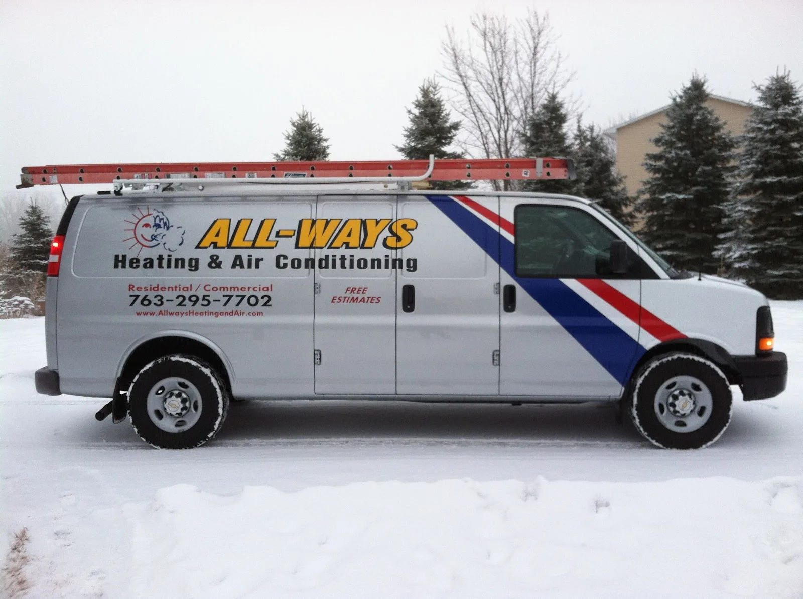 All-Ways Heating and Air Conditioning service van with ladder rack parked on a snowy road